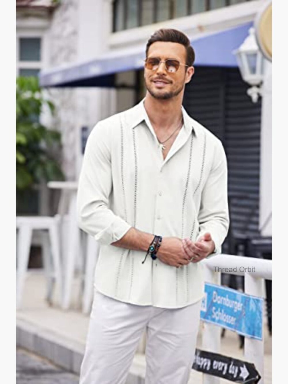 Men's Cuban Guayabera Shirt Long Sleeve Button Down Summer Beach Casual - Picture 3 of 7